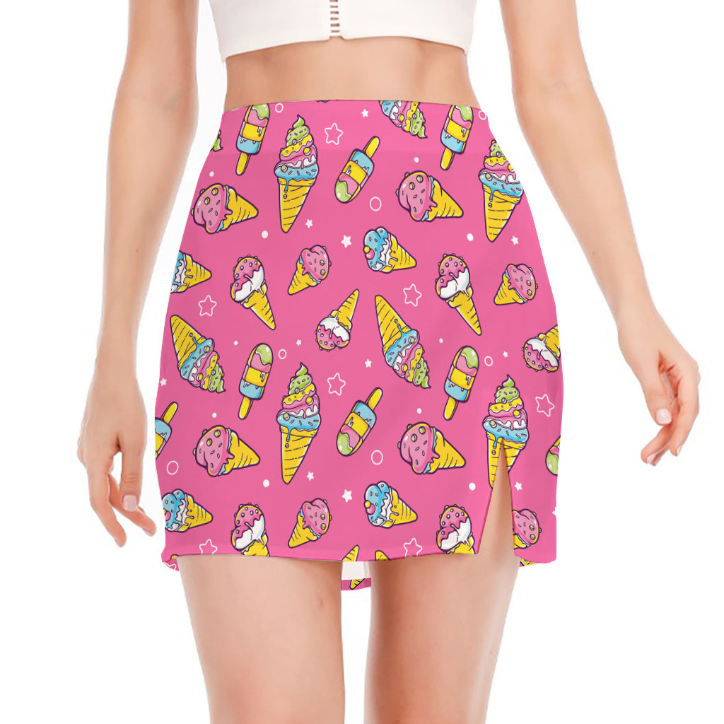 Cute Ice Cream Pattern Print Side Slit Mini Skirt