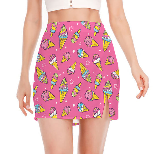 Cute Ice Cream Pattern Print Side Slit Mini Skirt