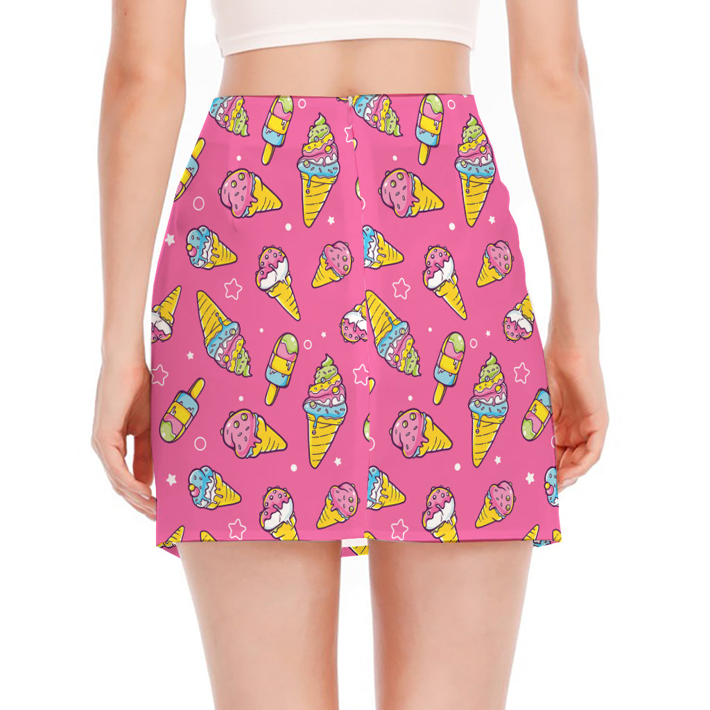 Cute Ice Cream Pattern Print Side Slit Mini Skirt