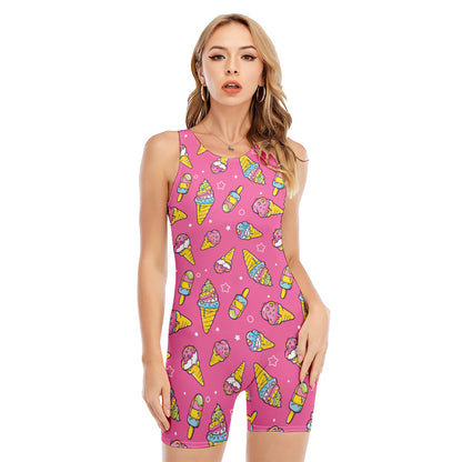 Cute Ice Cream Pattern Print Sleeveless One Piece Swimsuit
