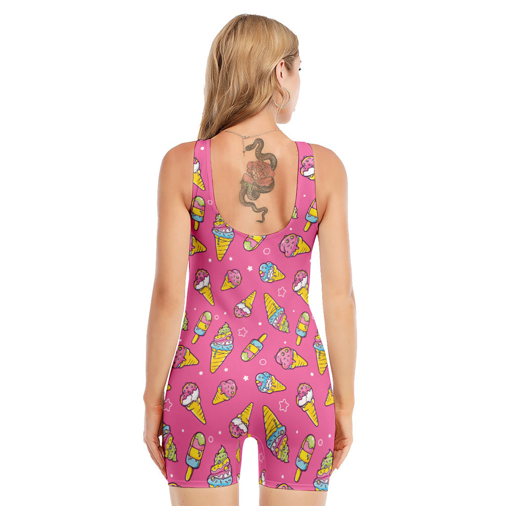 Cute Ice Cream Pattern Print Sleeveless One Piece Swimsuit