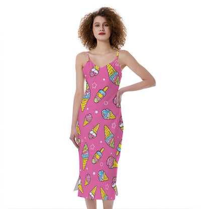 Cute Ice Cream Pattern Print Slim Fit Midi Cami Dress