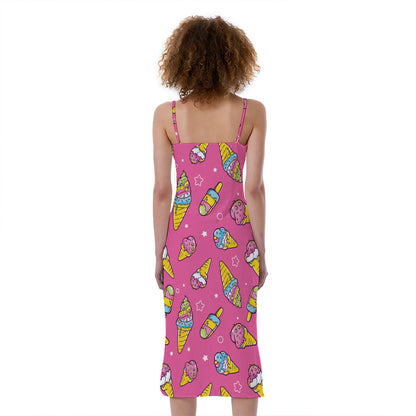 Cute Ice Cream Pattern Print Slim Fit Midi Cami Dress