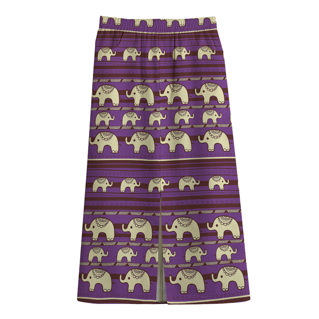 Cute Indian Tribal Elephant Print Cotton Front Slit Maxi Skirt