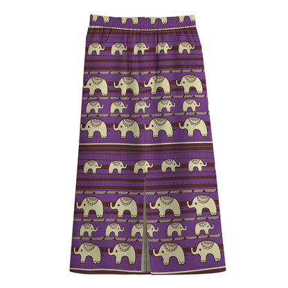Cute Indian Tribal Elephant Print Cotton Front Slit Maxi Skirt