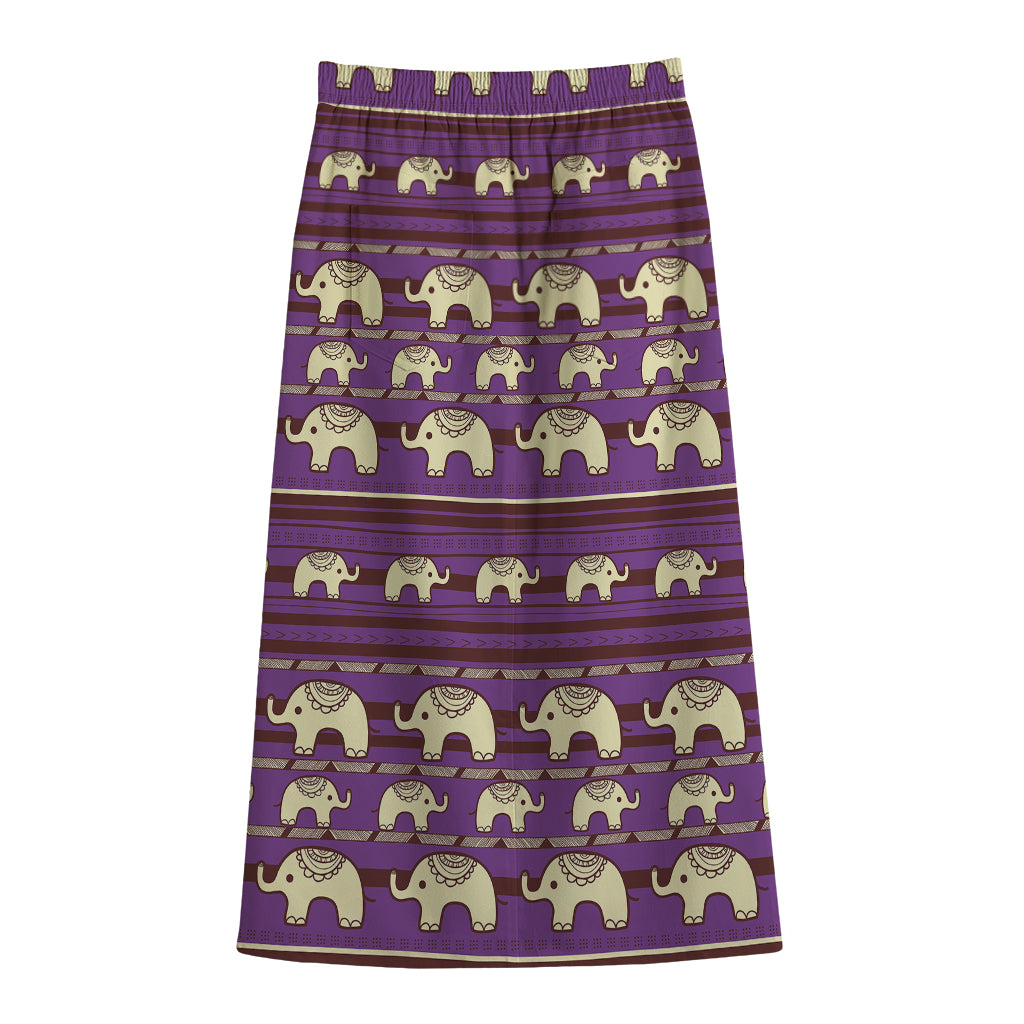 Cute Indian Tribal Elephant Print Cotton Front Slit Maxi Skirt