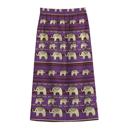 Cute Indian Tribal Elephant Print Cotton Front Slit Maxi Skirt