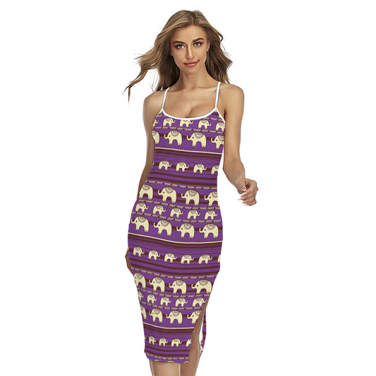 Cute Indian Tribal Elephant Print Cross Back Cami Dress