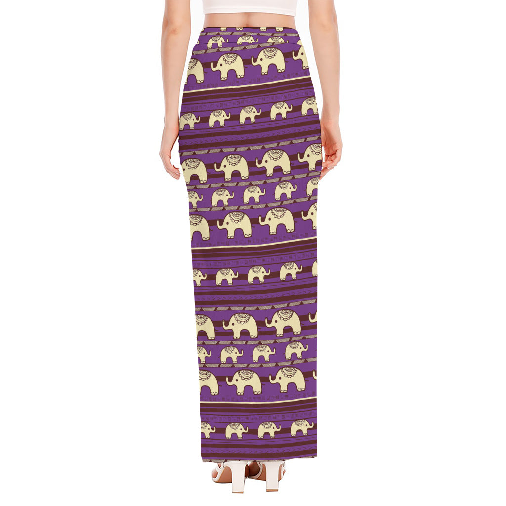 Cute Indian Tribal Elephant Print High Slit Maxi Skirt