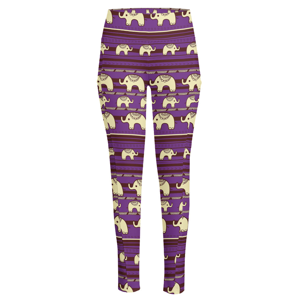 Cute Indian Tribal Elephant Print High-Waisted Pocket Leggings