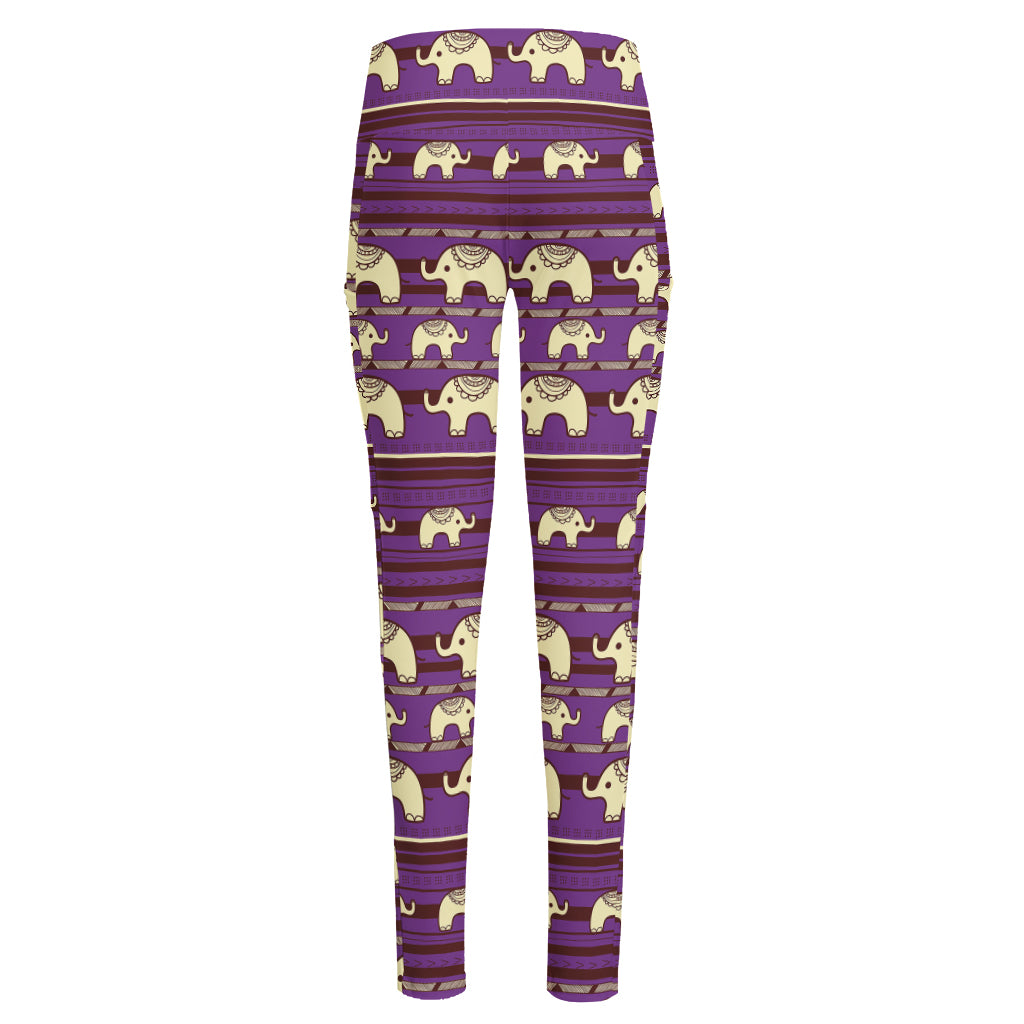 Cute Indian Tribal Elephant Print High-Waisted Pocket Leggings