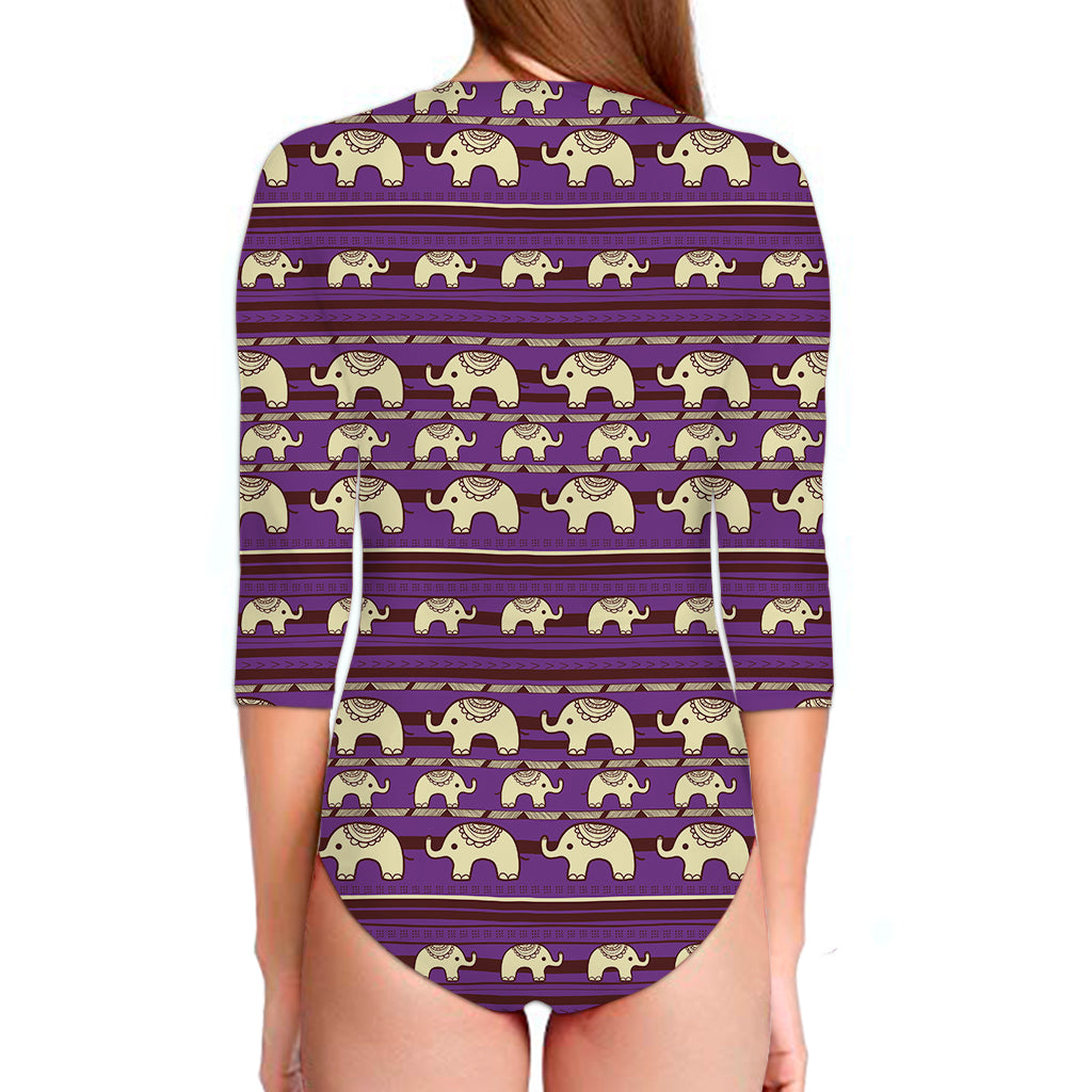 Cute Indian Tribal Elephant Print Long Sleeve Swimsuit