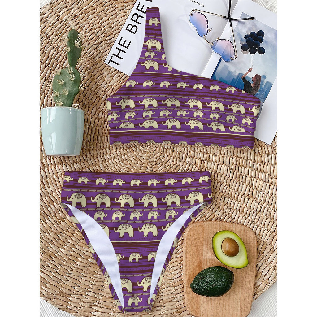 Cute Indian Tribal Elephant Print One Shoulder Bikini Top