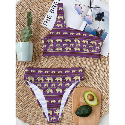 Cute Indian Tribal Elephant Print One Shoulder Bikini Top