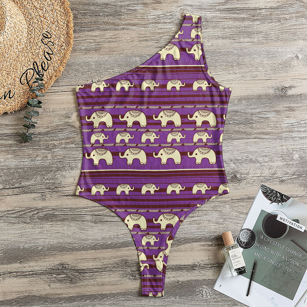 Cute Indian Tribal Elephant Print One Shoulder Bodysuit