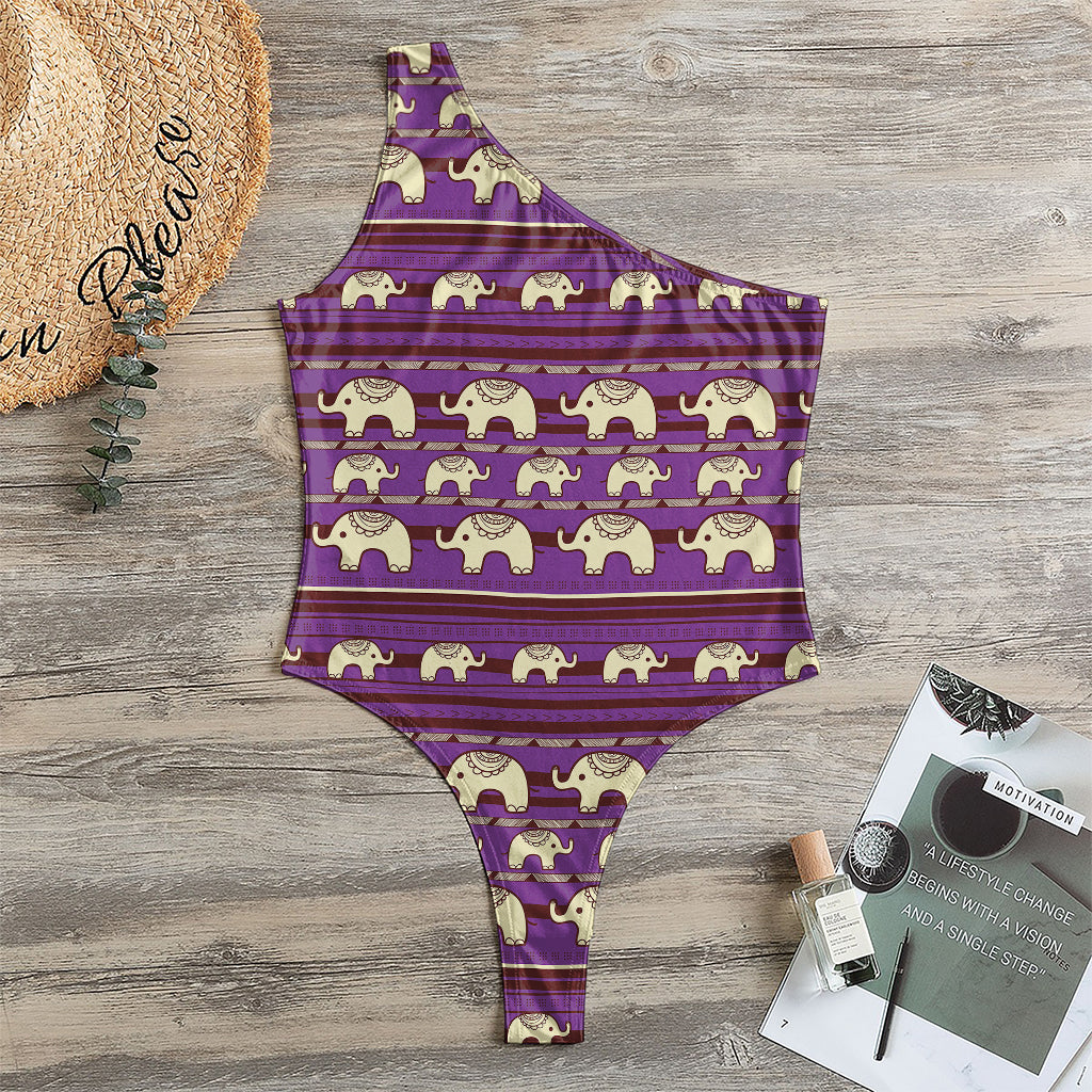 Cute Indian Tribal Elephant Print One Shoulder Bodysuit