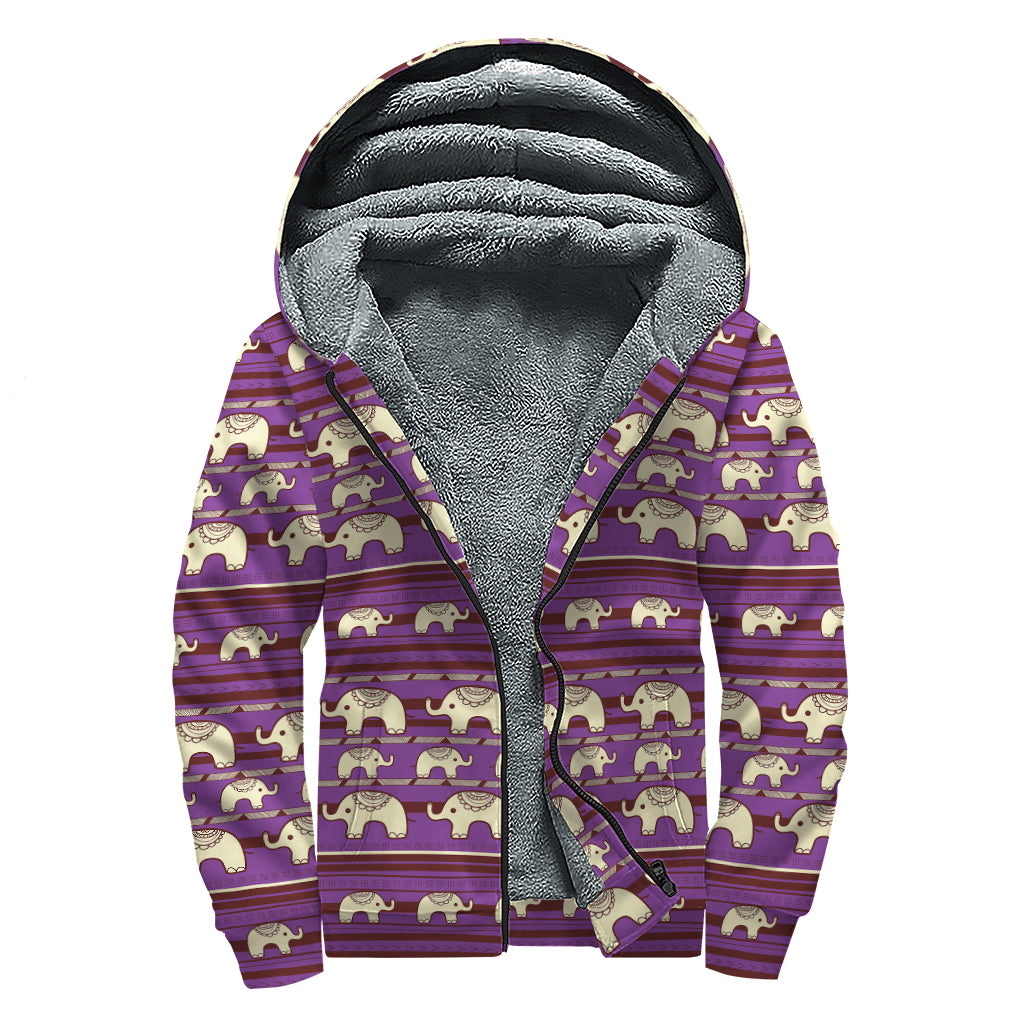 Cute Indian Tribal Elephant Print Sherpa Lined Zip Up Hoodie