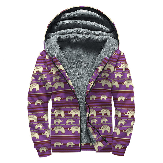 Cute Indian Tribal Elephant Print Sherpa Lined Zip Up Hoodie