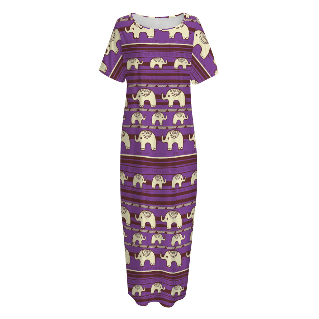 Cute Indian Tribal Elephant Print Short Sleeve Long Nightdress