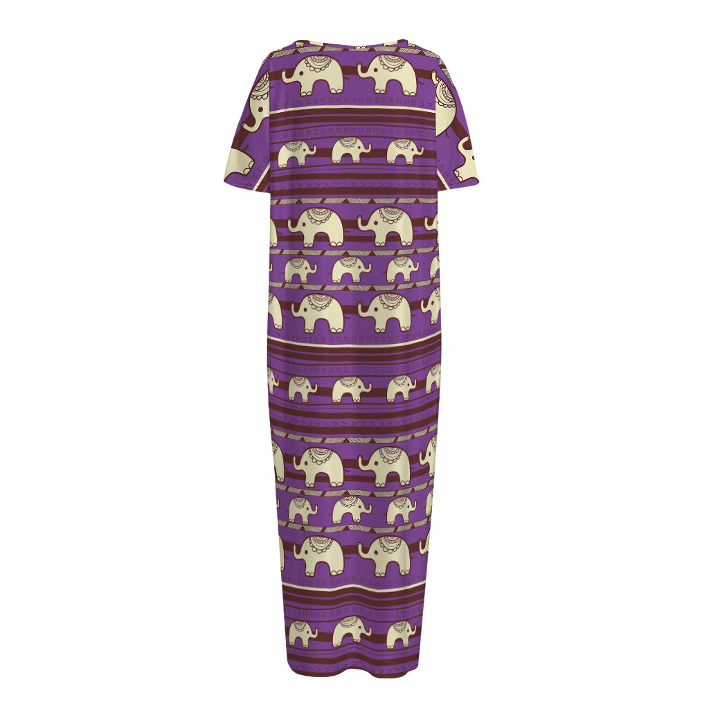 Cute Indian Tribal Elephant Print Short Sleeve Long Nightdress