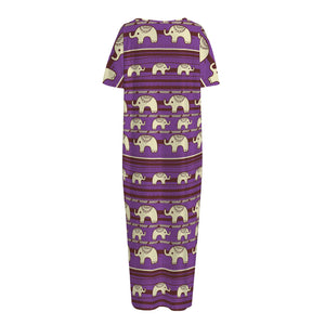 Cute Indian Tribal Elephant Print Short Sleeve Long Nightdress