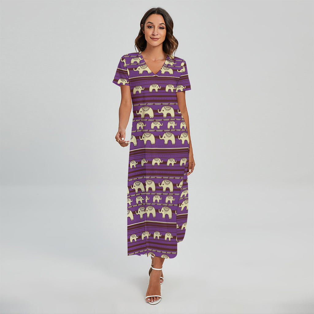 Cute Indian Tribal Elephant Print Short Sleeve Maxi Dress