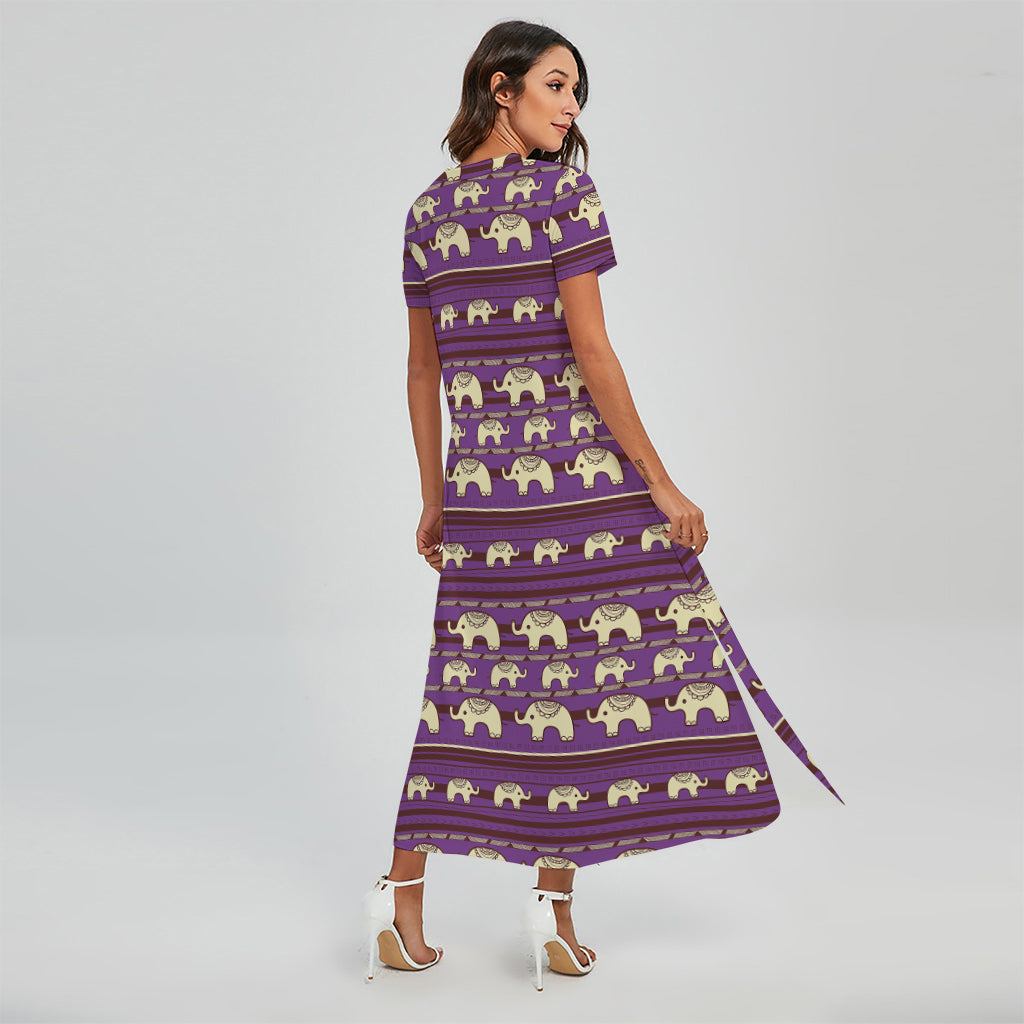 Cute Indian Tribal Elephant Print Short Sleeve Maxi Dress