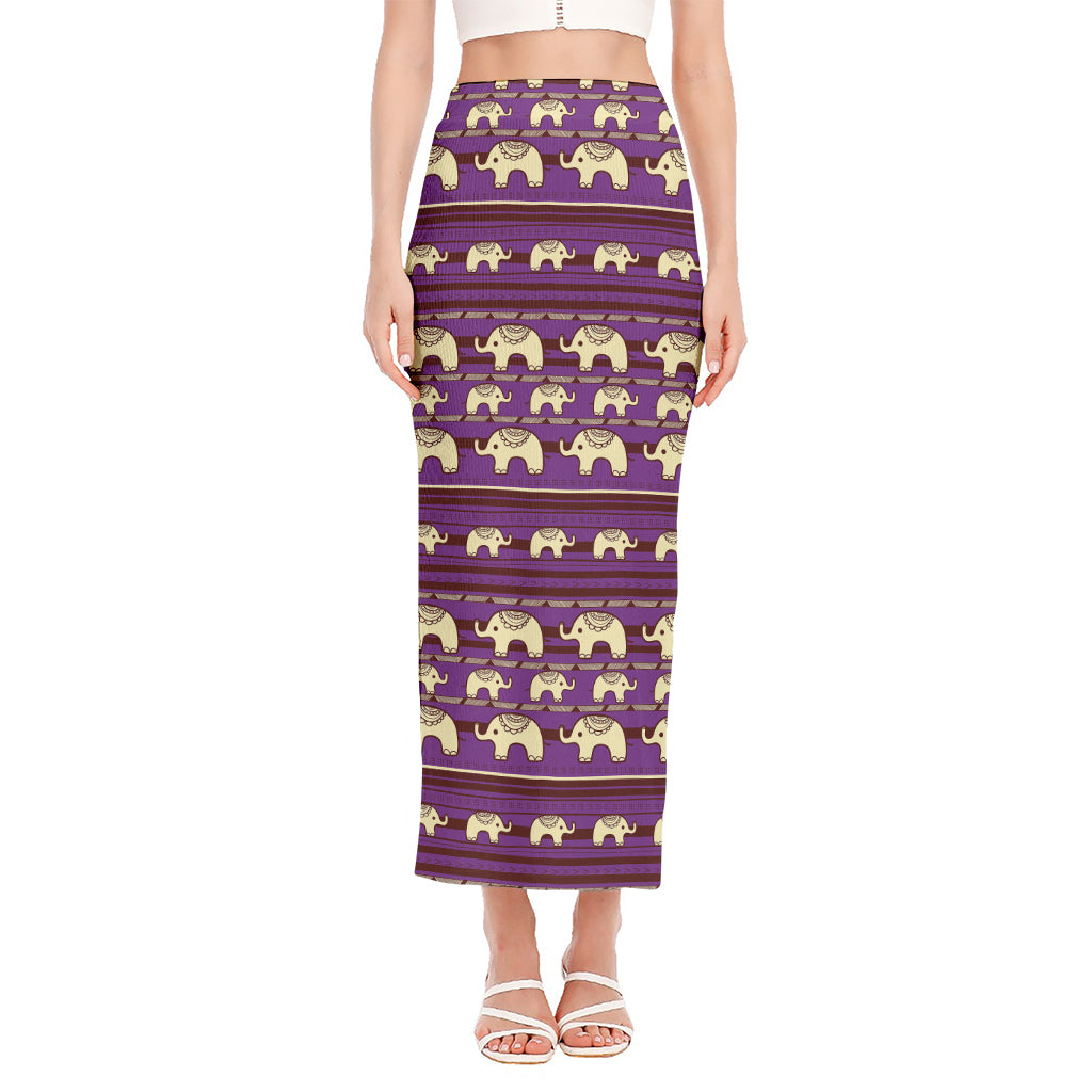 Cute Indian Tribal Elephant Print Side Slit Maxi Skirt