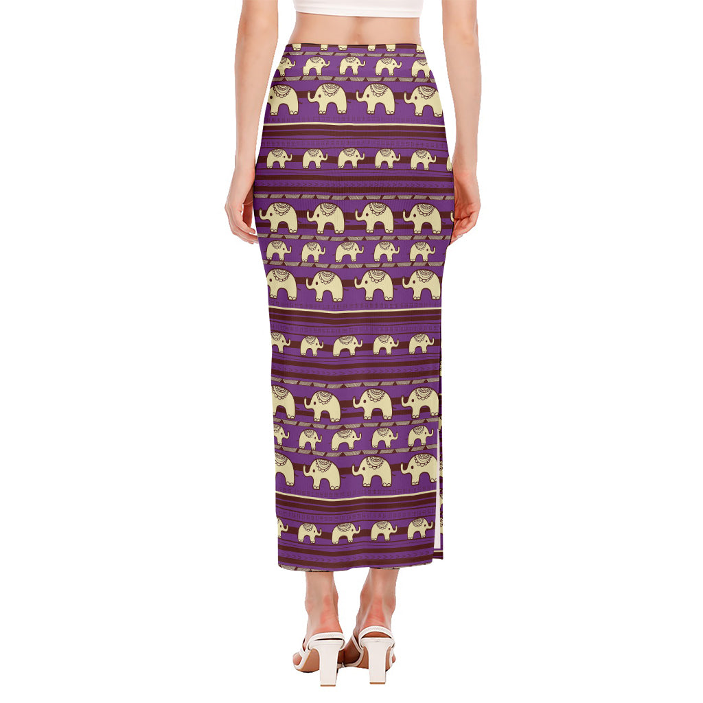 Cute Indian Tribal Elephant Print Side Slit Maxi Skirt
