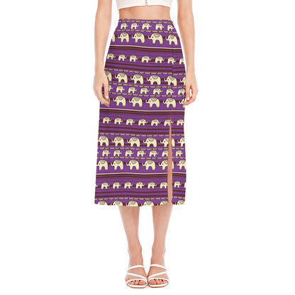 Cute Indian Tribal Elephant Print Side Slit Midi Skirt
