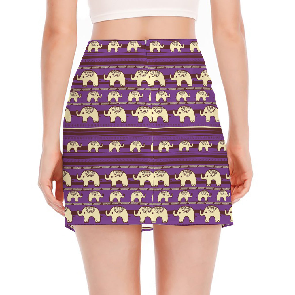 Cute Indian Tribal Elephant Print Side Slit Mini Skirt