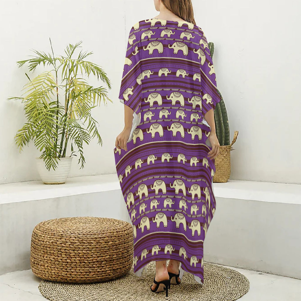Cute Indian Tribal Elephant Print Silk V-Neck Kaftan Dress