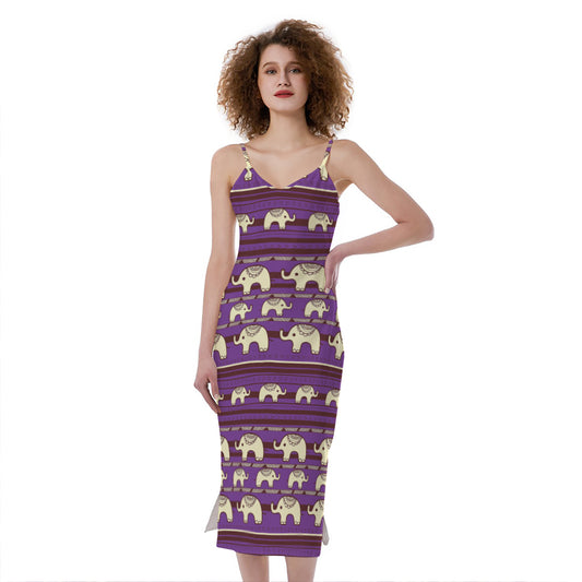 Cute Indian Tribal Elephant Print Slim Fit Midi Cami Dress