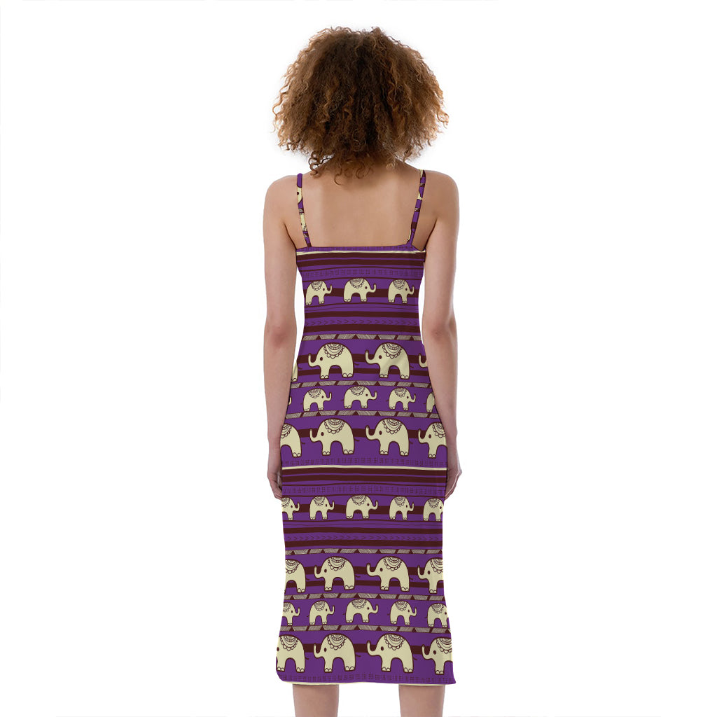 Cute Indian Tribal Elephant Print Slim Fit Midi Cami Dress
