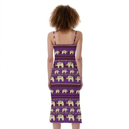 Cute Indian Tribal Elephant Print Slim Fit Midi Cami Dress