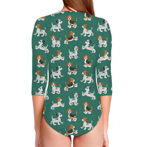 Cute Jack Russell Terrier Pattern Print Long Sleeve Swimsuit