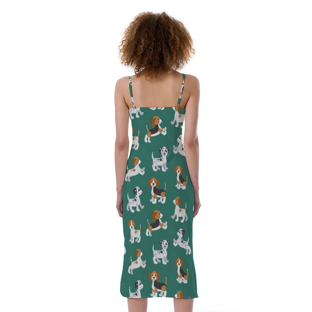 Cute Jack Russell Terrier Pattern Print Slim Fit Midi Cami Dress