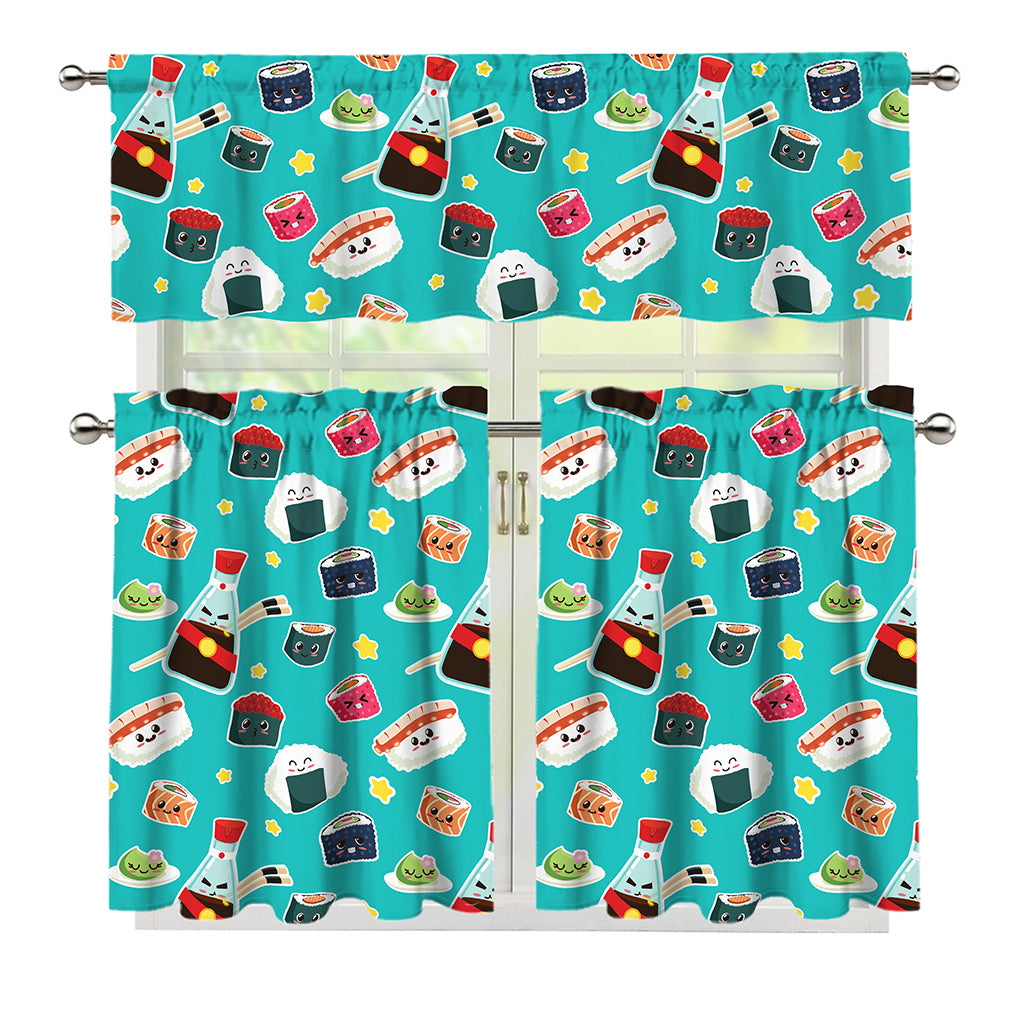 Cute Japanese Sushi Pattern Print 3 Piece Kitchen Curtains