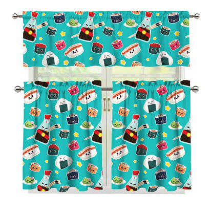 Cute Japanese Sushi Pattern Print 3 Piece Kitchen Curtains