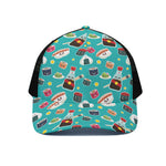 Cute Japanese Sushi Pattern Print Black Mesh Trucker Cap
