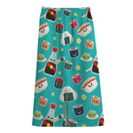 Cute Japanese Sushi Pattern Print Cotton Front Slit Maxi Skirt