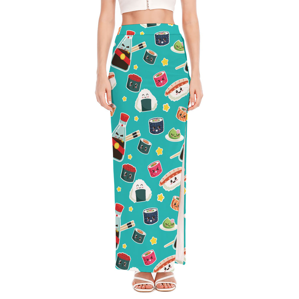 Cute Japanese Sushi Pattern Print High Slit Maxi Skirt