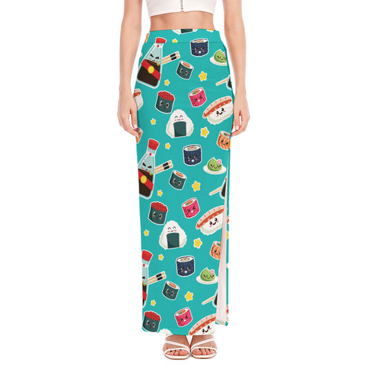 Cute Japanese Sushi Pattern Print High Slit Maxi Skirt