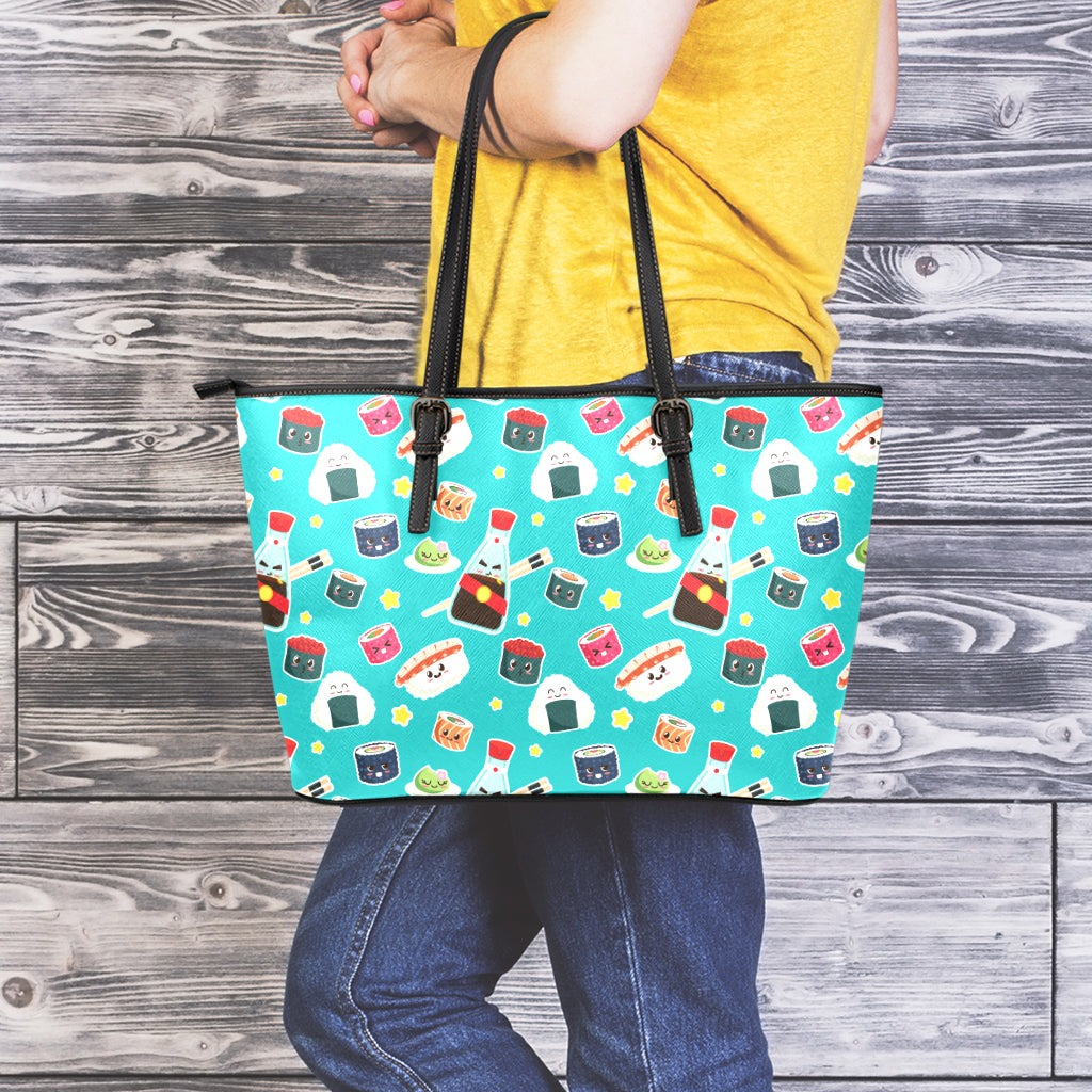 Cute Japanese Sushi Pattern Print Leather Tote Bag