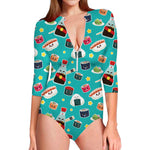 Cute Japanese Sushi Pattern Print Long Sleeve Swimsuit
