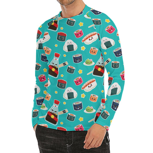 Cute Japanese Sushi Pattern Print Men's Long Sleeve Rash Guard