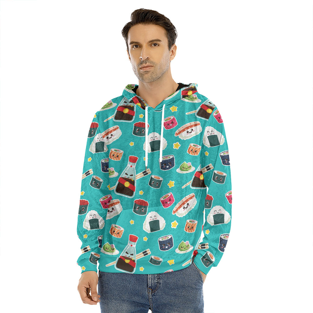 Cute Japanese Sushi Pattern Print Men's Velvet Pullover Hoodie