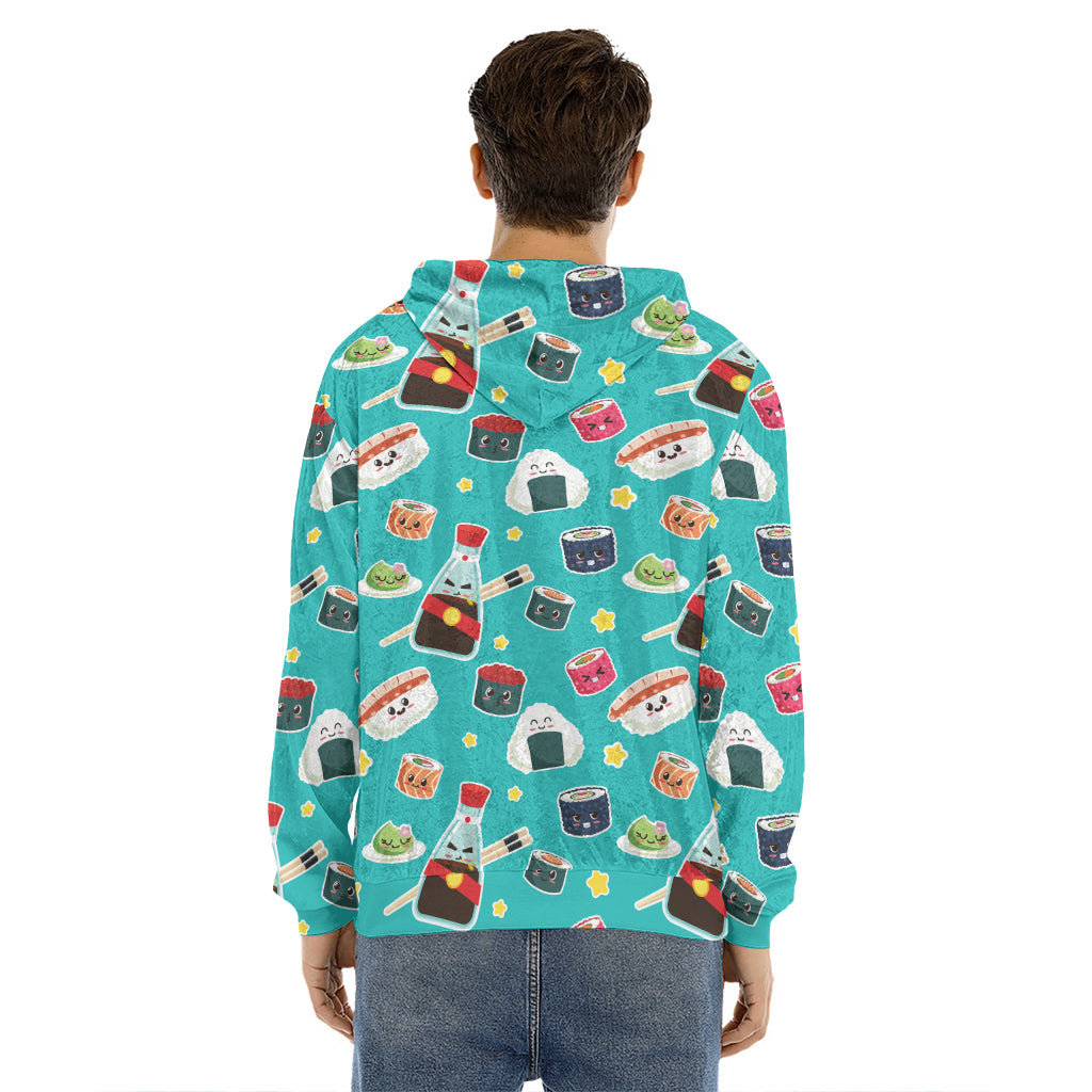 Cute Japanese Sushi Pattern Print Men's Velvet Pullover Hoodie