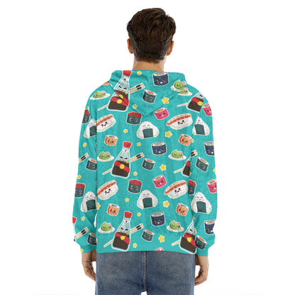 Cute Japanese Sushi Pattern Print Men's Velvet Pullover Hoodie