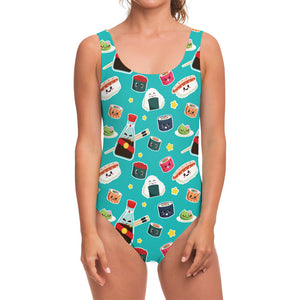 Cute Japanese Sushi Pattern Print One Piece Swimsuit